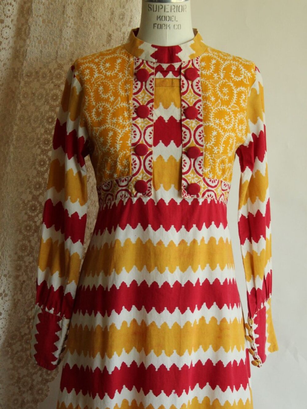 Vintage 1990s Y2K Maxi Dress, Red and Yellow Cotton 1960s Inspired Boho Full Len - Picture 3 of 14